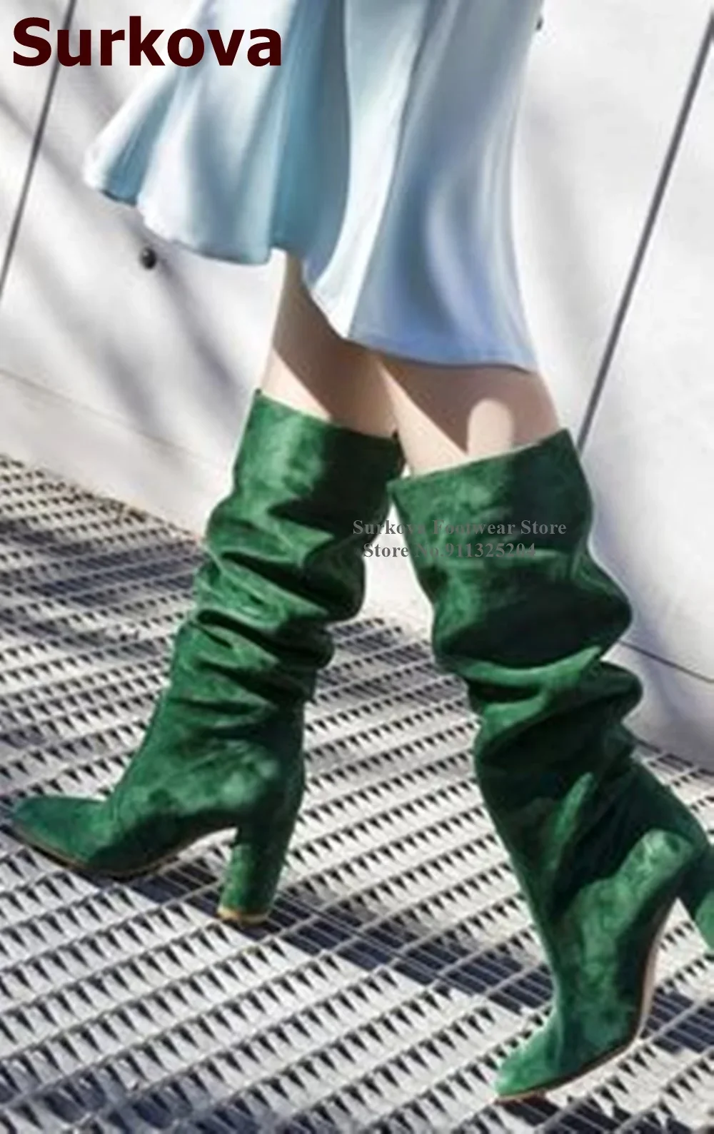 

Surkova Dark Green Suede Chunky Heels Knee High Boots Folded Pointed Toe Dress Shoes Pleated Elegant Tall Boots Size46