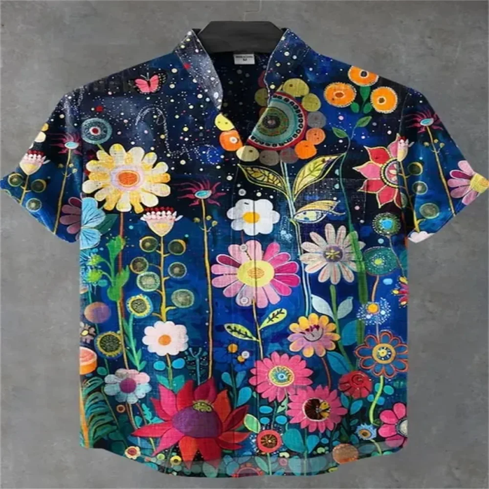 New men's linen short-sleeved shirt, a best-selling style with comfortable fabric, 3D artistic printed ocean pattern