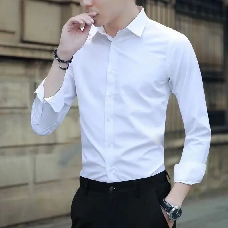 White Slimfit Mens Business Shirt Longsved Rendy Work  Cool Sensation Three-acetate Fiber Women Suitable Summer Wear