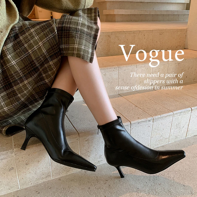 

2026 autumn winter women ankle boots 22-24.5cm stretch microfiber square toe modern boots thin high heel back zip skinny boots