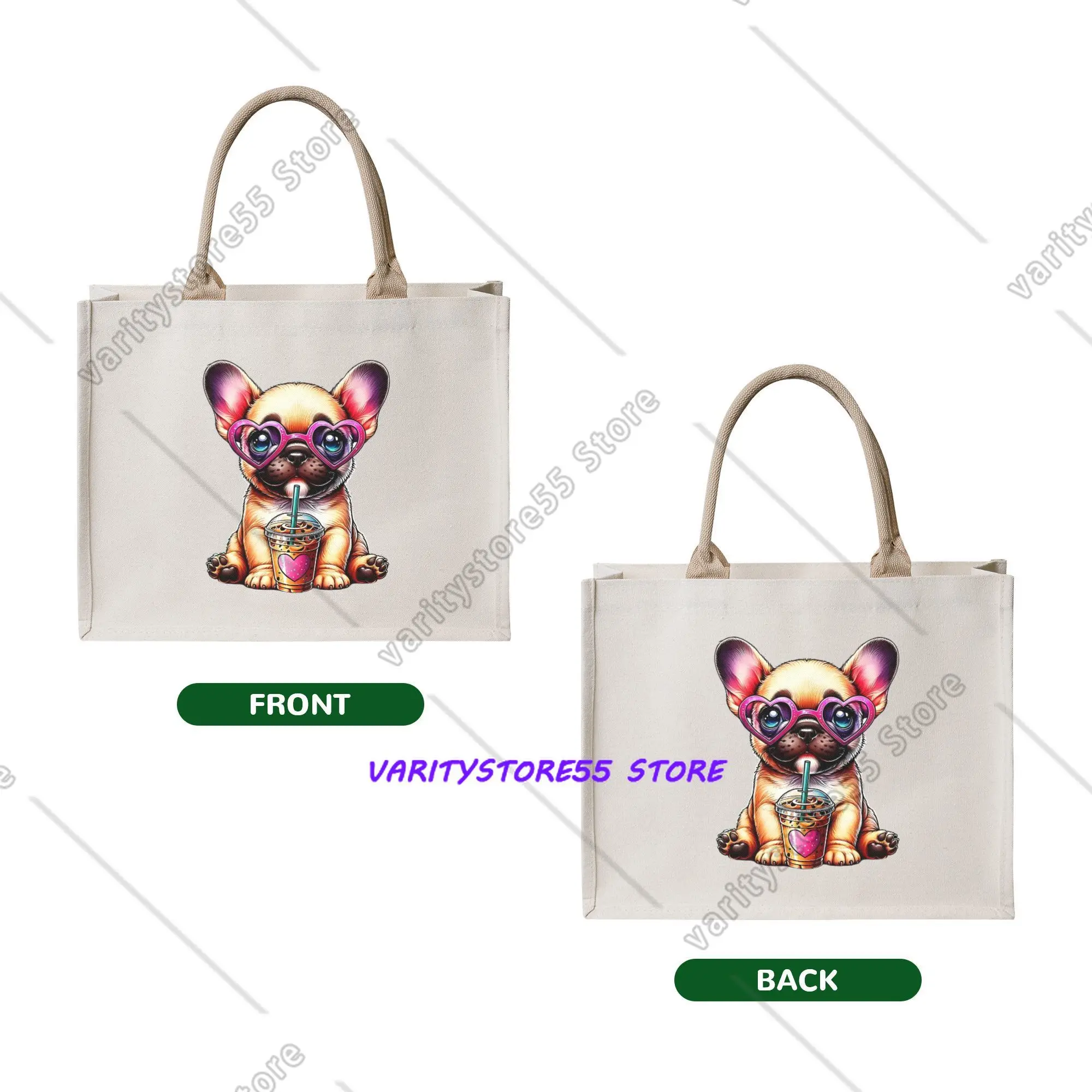 Recycling Cute French Bulldog Coffee Addict  Shopping Bag Women Tote Bag Portable Frenchie Dog Lover Groceries Shopper Bags