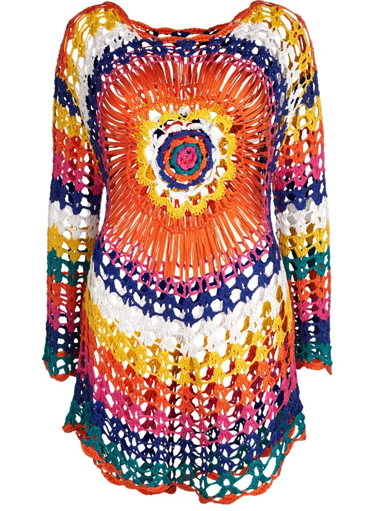 Bikini Cover Up Rainbow Crochet Top Handmade Knit Long Sleeve Beach Dress  Summer Fashion Swimwear Tunic Top Quality - AliExpress 200000345