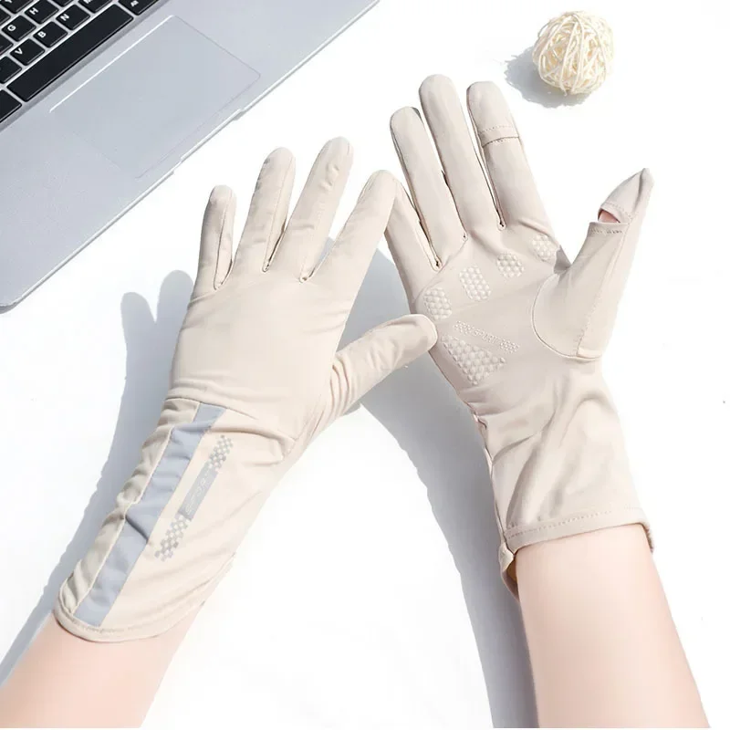 Vrouwen Zomer Nieuwe Dunne Ijs Zijde Anti Uv Blootgestelde Vinger Touch Screen Antislip Mid Long Ademende Zonwering Rijhandschoenen