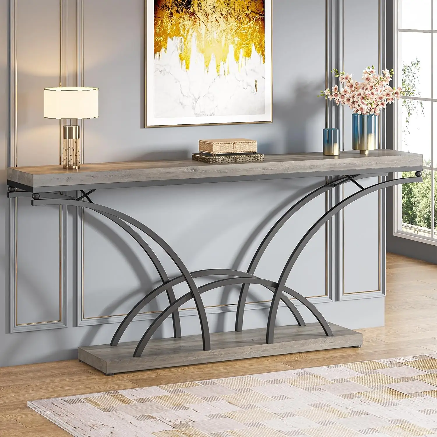 70.9 Inch Extra Long Console Table for Entryway, Gray Sofa Table Wood Tabletop, Modern Accent Tables with Half-Moon Shape Legs