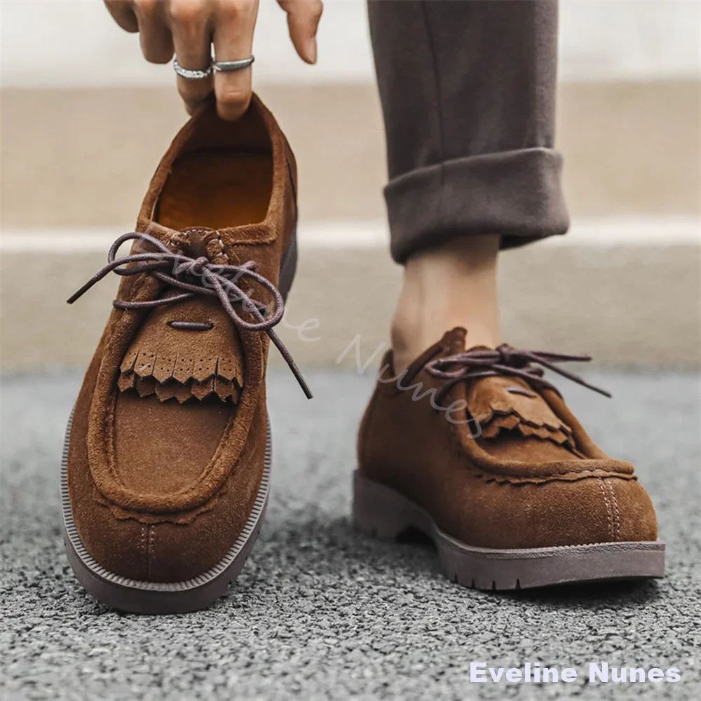 Tassel Brown Flannel Casual Shoes Women Round Toe Cross Tied Platform British Style Sneakers 2026 Versatile Fashion Leather Shoe