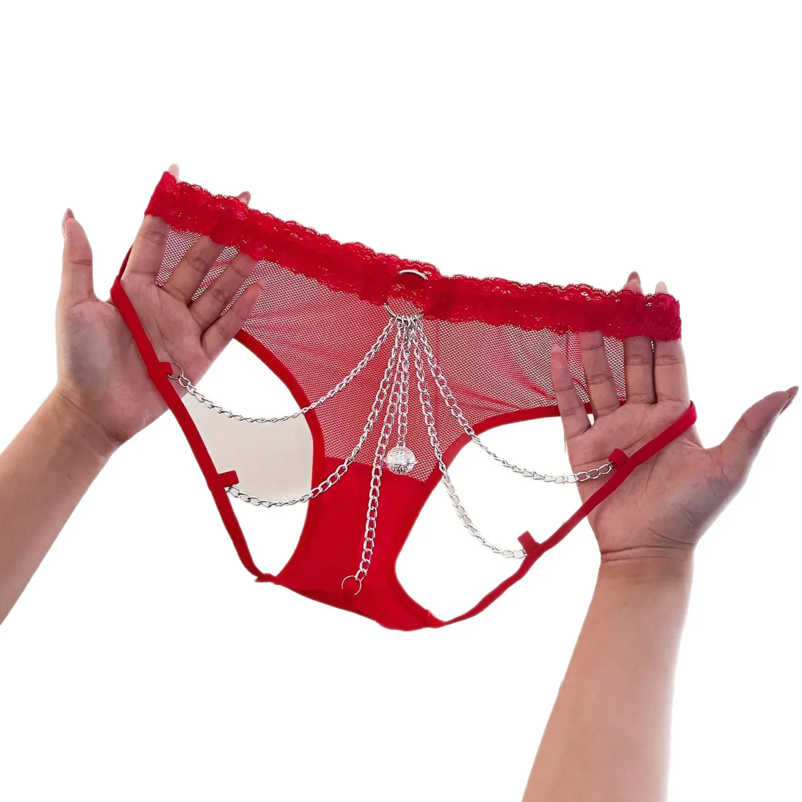 Sexy Open Crotch Thong Transparent Women's Triangle Underwear Hollow Metal Chain T Pants With Bell Sexi Adult Female Lingerie