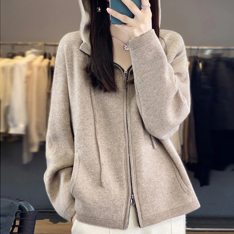 Autumn Winter New 100% Cashmere Knit Two Piece Set Women\'s Large Size Zipper Hooded Cardigan Korean Fashion Small Leg Pants Suit