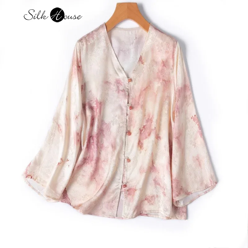 Artistic Ink Wash Chinese Style 100%Natural Mulberry Silk HuaLuo Jacquard Satin V-neck Seven Quarter Sleeve Women's Casual Shirt