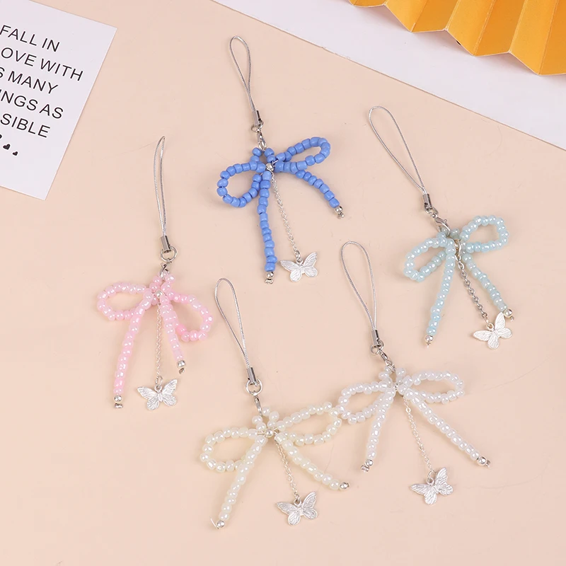 Y2K Sweet Cute Bowknot Beaded Phone Lanyard Korean Butterfly Mobile Phone Chain Cellphone Strap For Girl Gifts