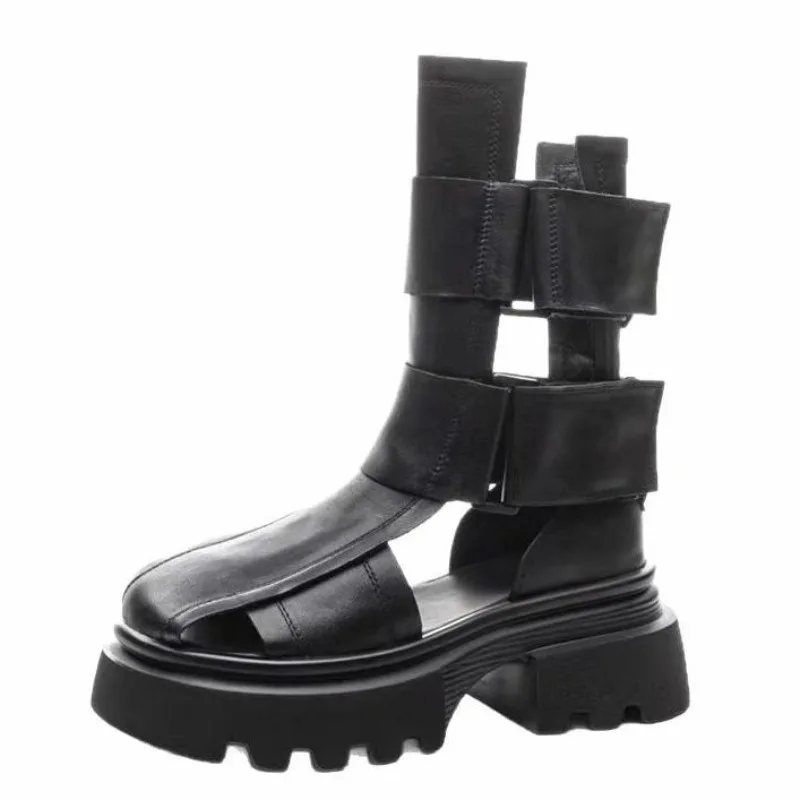 

Новые женские сандалии-гладиаторы 6,5 см, летние сандалии на толстом высоком каблуке и платформе из натуральной кожи, полые римские сандалии, женские крутые ботинки до середины икры