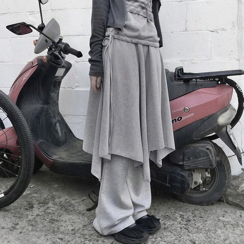 ReddaChic Women's Fake Two-Piece Shorts Skirt Pants Gray Irregular Hem A-Line Midi Skirt Flared Pants Korean Layered Sweatpants