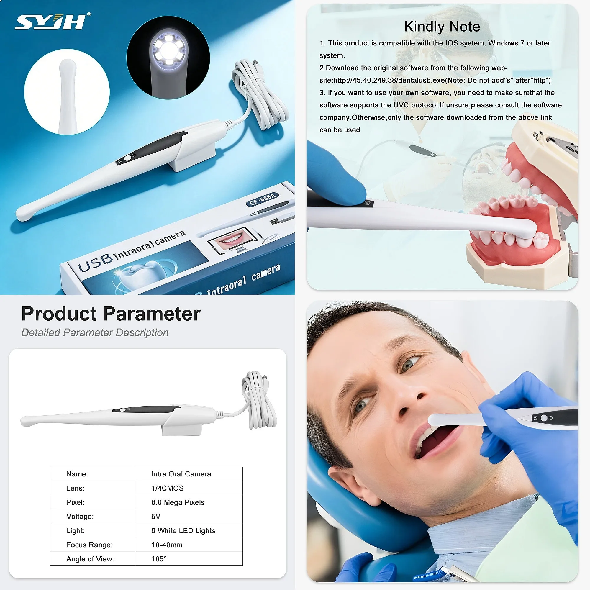 8.0MP USB Dentals Intraoral Camera 6 White LEDs 6mm Super Mini Lens CMOS Dentistry Tool