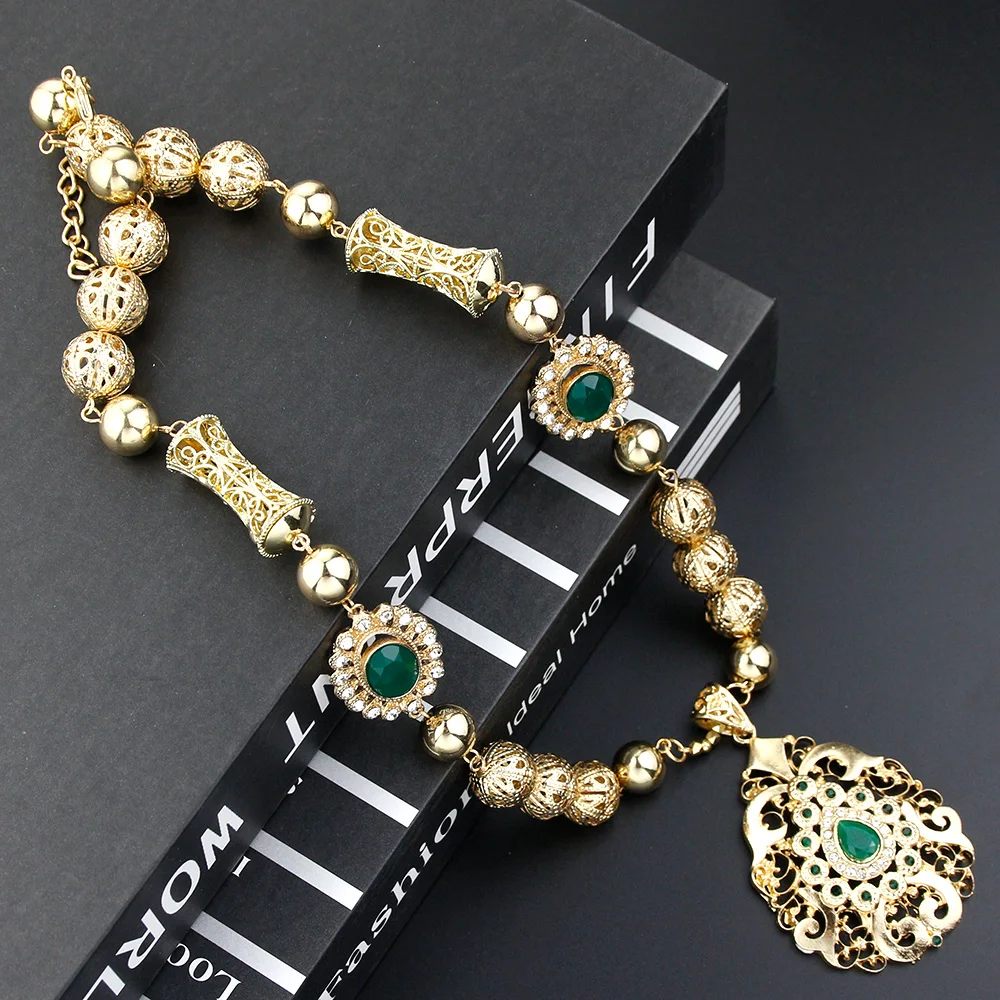 Sunspicems Chic Moroccan Women Necklace Arabic Bride Wedding Jewelry Gold Color Metal Ball Chain Caftan Choker Flower Pendant