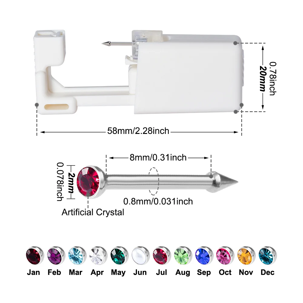 2-Pieces Artificial Crystal Nose Ear Piercing Tool Birthstone Acrylic Disposable Safe Sterile Piercing Kit Fashion Body Jewelry