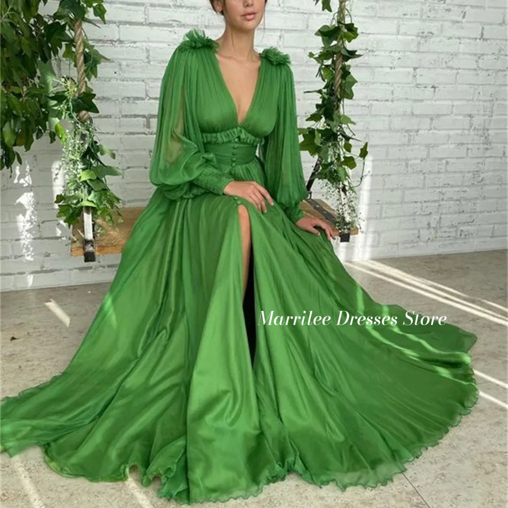 Marrilee Green Puffy Sleeve Pleated Chiffon Evening Dress With Button Sexy Deep V-neck Side Split A-line Floor Length Prom Gowns