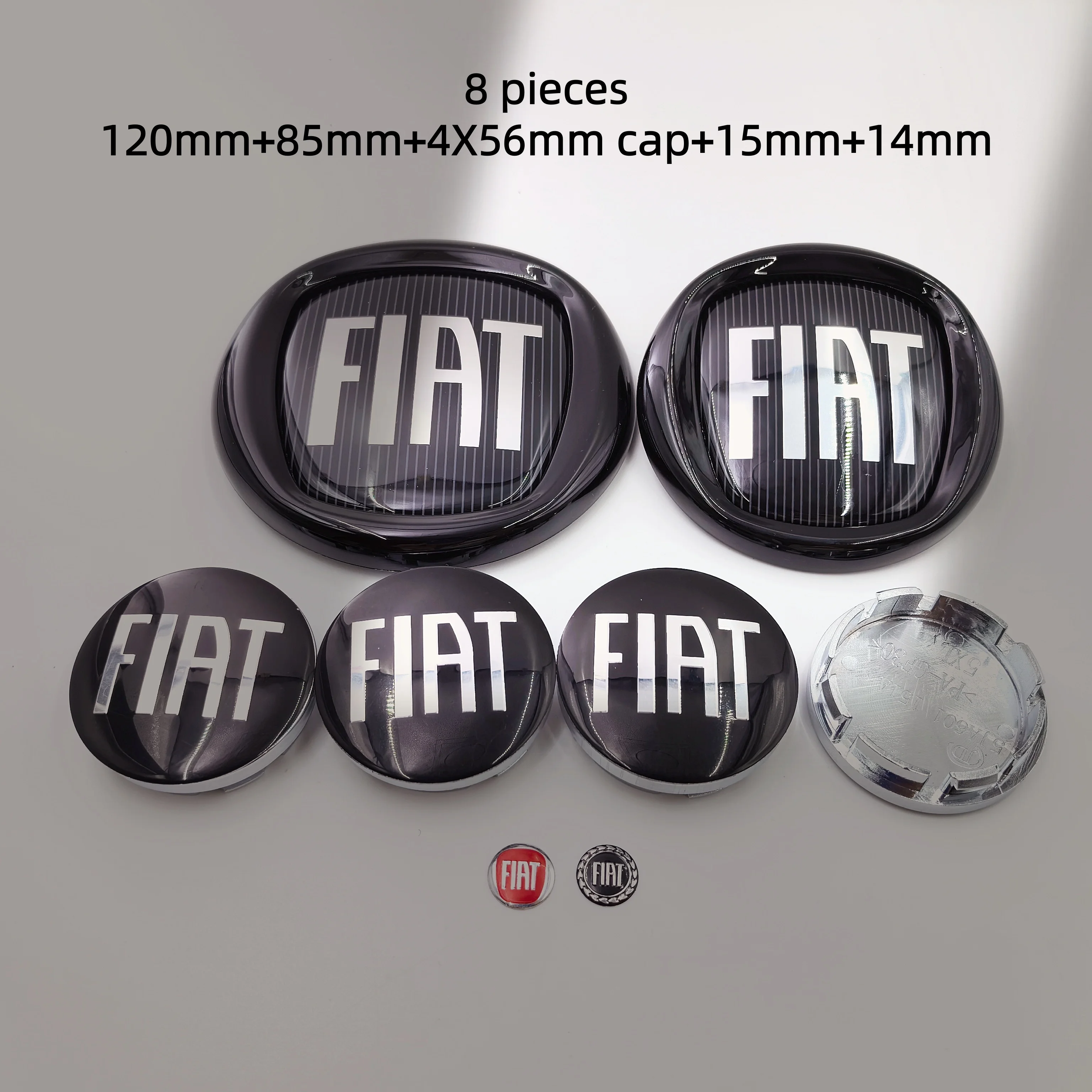 8pcs 85/120mm Fiat Car emblem badge Logo Hood Rear Trunk Badge Emblem 50/56/60mm Wheel Center Hub Cap Badge Rim Cover