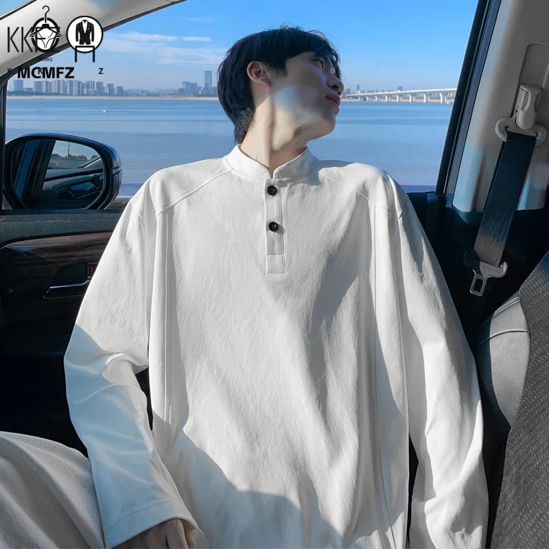 Mens Casual Loose Long Sleeve Henley Top Mandarin Stand Collar Raglan Seam Breathable Fabric Daily Wear