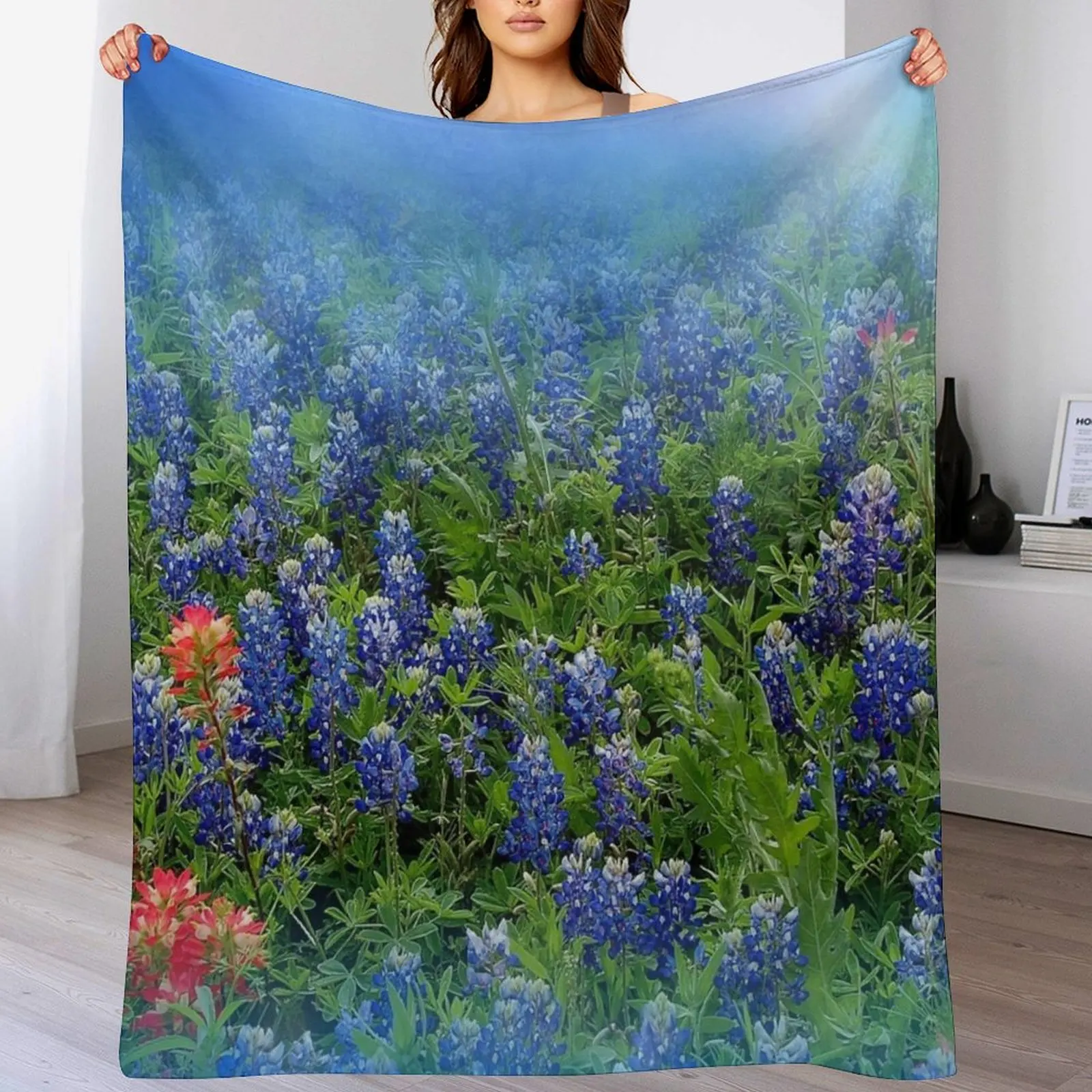 Pretty BlueBonnets - Blue and Red Hill Country Flowers - Spring Botanical Florals Throw Blanket Sofa Quilt Hairy Soft Blankets