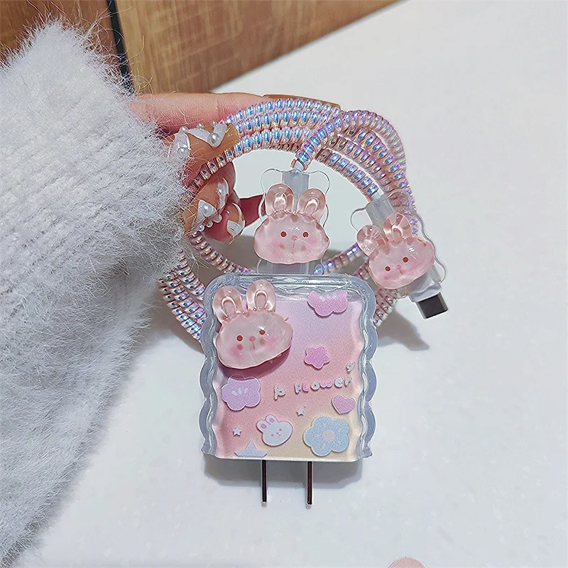 Pink Rabbit Cable Charger Protector Sleeve for IPhone 15 14 13 12Pro 18W 20W Original Charger Data Cable Wire Winder Protective