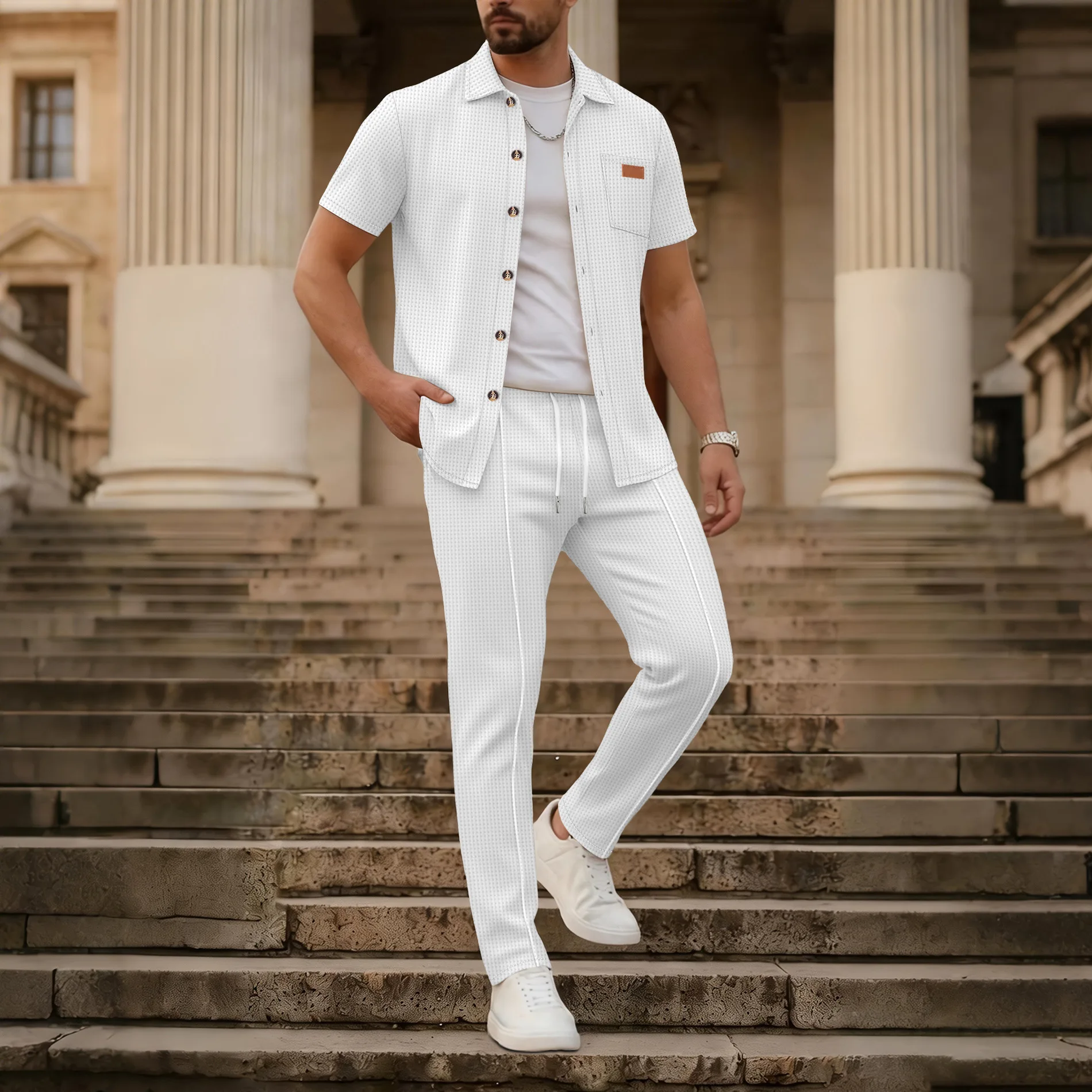 

New summer men's waffle knit short-sleeved button-down shirt and belted trousers set, casual and breathable street sportswear