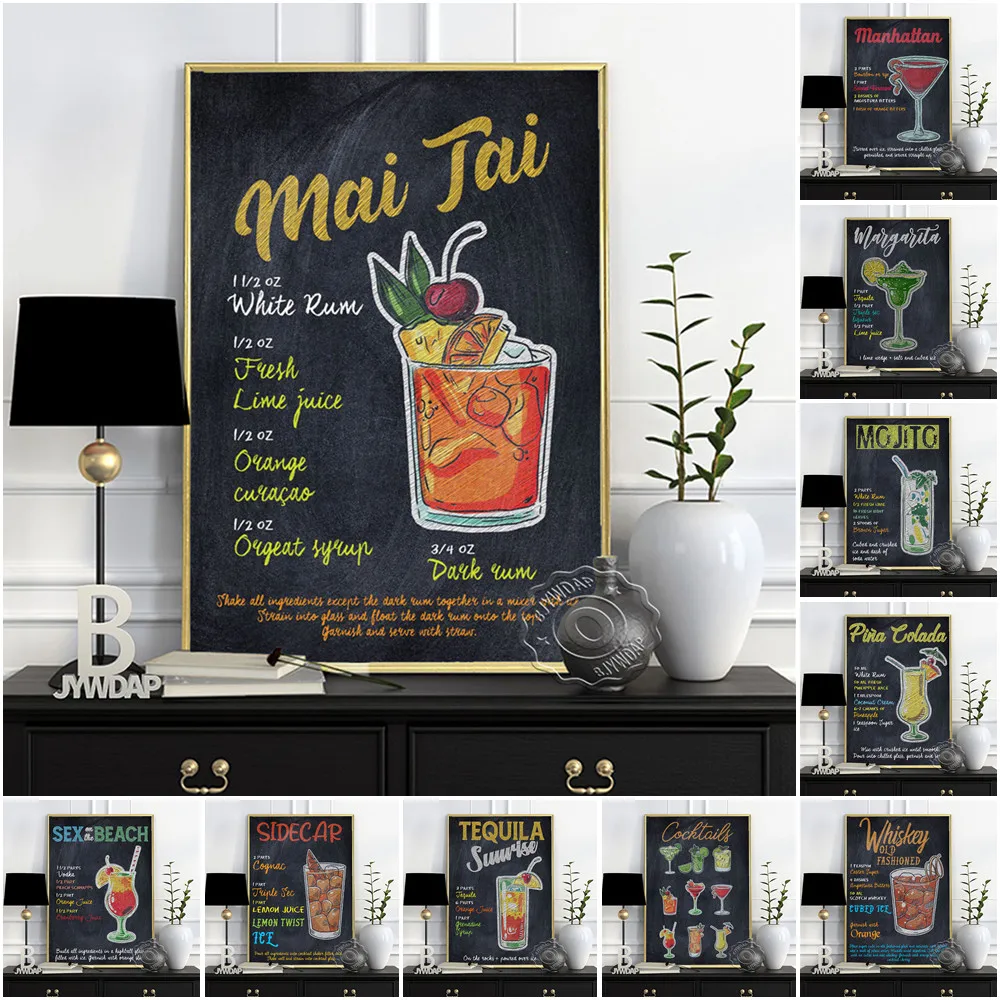 Póster Artístico impreso para Bar, Pub, Club, cóctel, licor, vino, ron, Mojito, imagen de pared, ilustración de bebida, pintura en lienzo, decoración moderna para el hogar