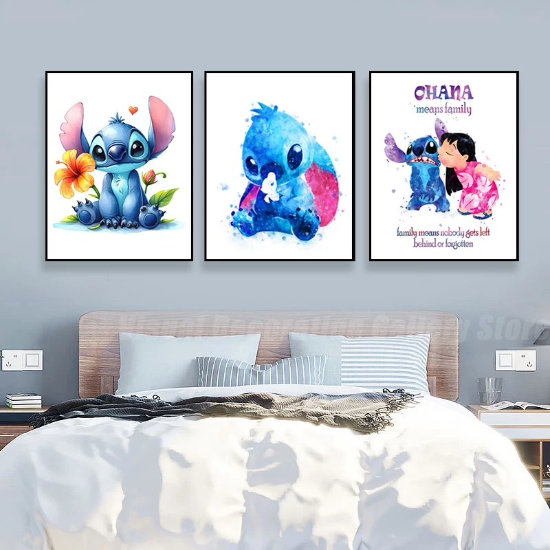 

Disney Cartoon Lilo and Stitch Watercolor Wall Art Poster Printing Ohana Picture Living Room Home Decoration Painting Children's