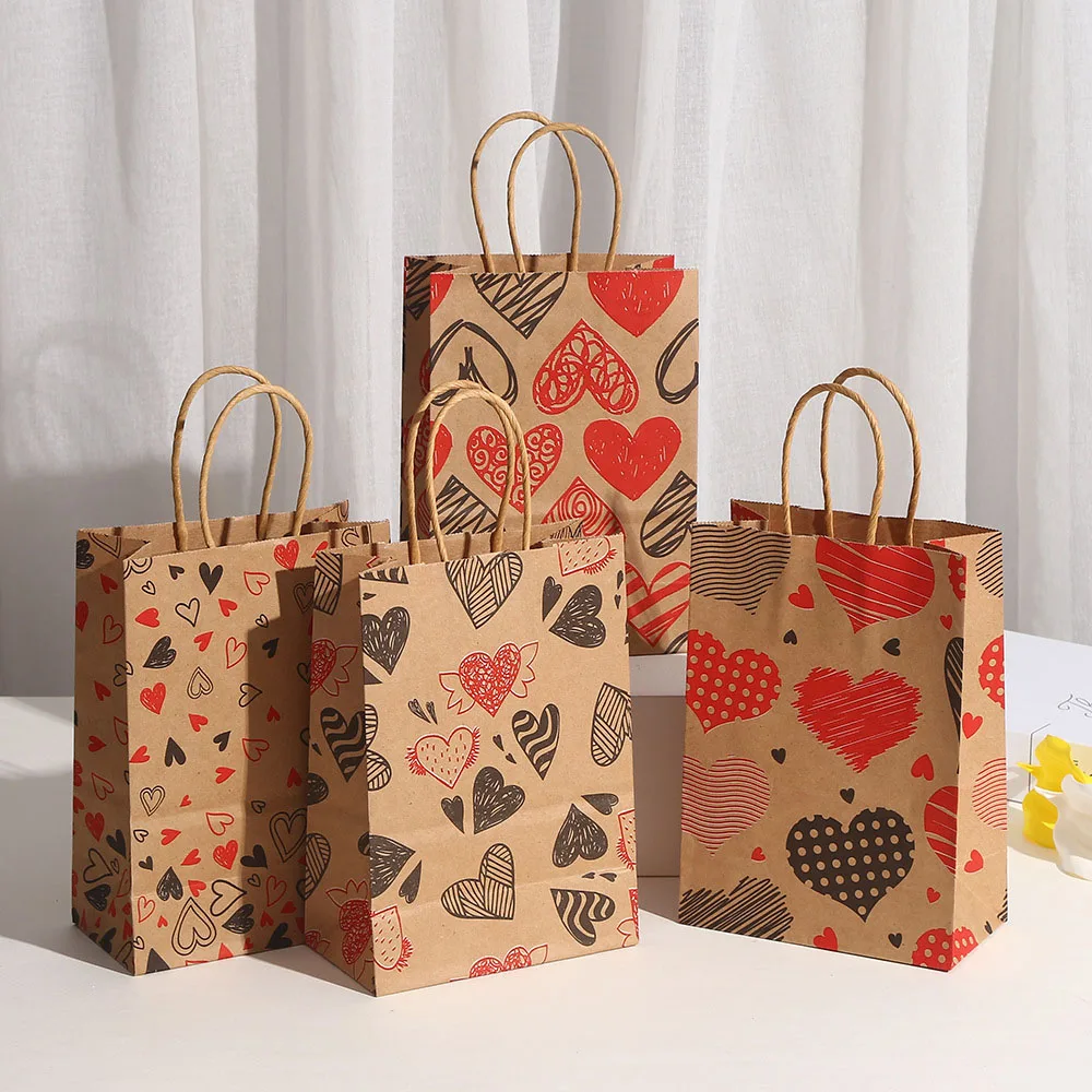 

12pcs Love Heart Kraft Paper Bags with Handle Cookie Candy Gift Bag Wedding Favor Bag Baby Shower Birthday Party Decorations