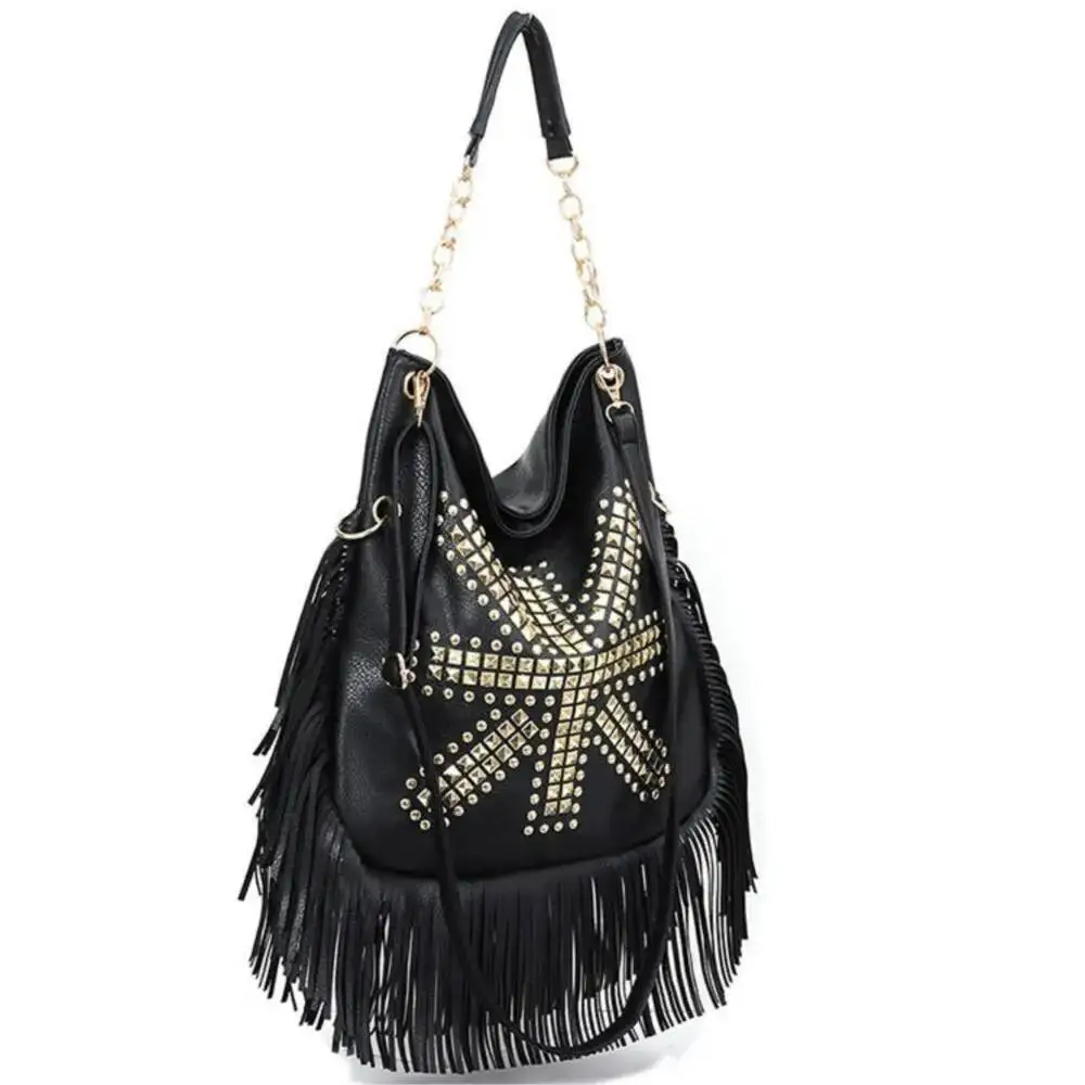 Bloom Vintage Beading Black Handbag Women Large Capacity Tassel Casual Shoulder Bags Female Retro Soft Leather Handbags Purse