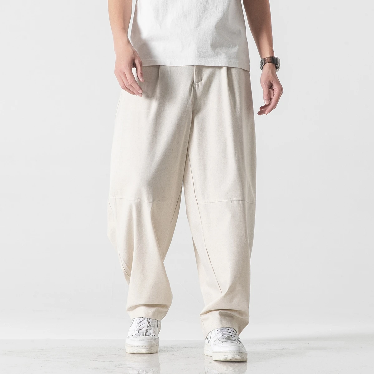 

Mens Chinese Style Wide Leg Pants Cotton Linen Loose Casual Trousers Men Hip Hop Streetwear Fashion Solid Jogger Harem Pants