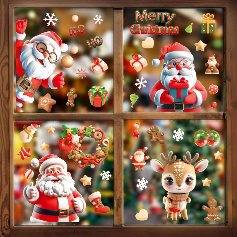 Christmas Window Electrostatic Stickers Snowflakes Reindeer Santa Claus Double Sided Printing Wall Christmas Sticker Decorations