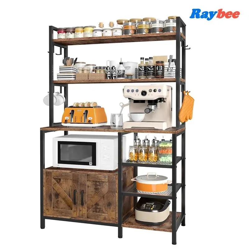 2024 Hot Summer Furniture 6 Tier Bakers Racks for Kitchens with Storage, Coffee ith Cabinet and 8 Side Hooks, Large Capacity