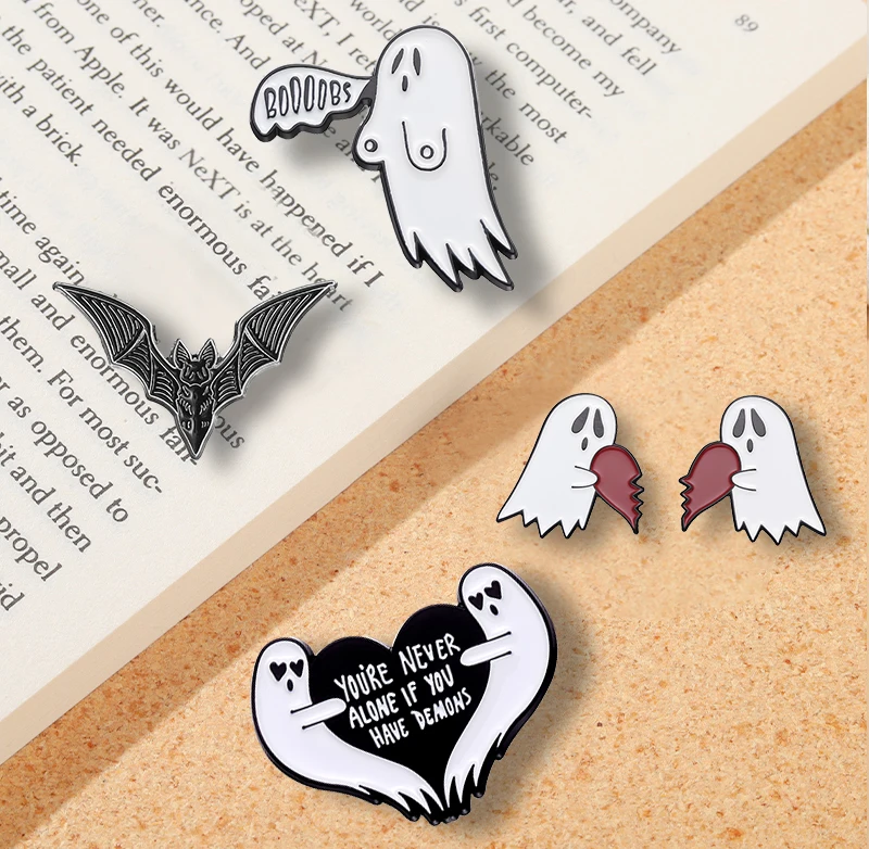 Ghost Heart Enamel Pins you Are Never Alone Set Custom Brooches Lapel Badges Cartoon Gothic Jewelry Gift for Kids Friends