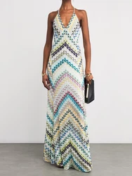 Women Casual Spaghetti Strap Holiday Dress, Summer Fashion Sleeveless Chic Maxi Dress, New Backless Patchwork Print Ladies Dress