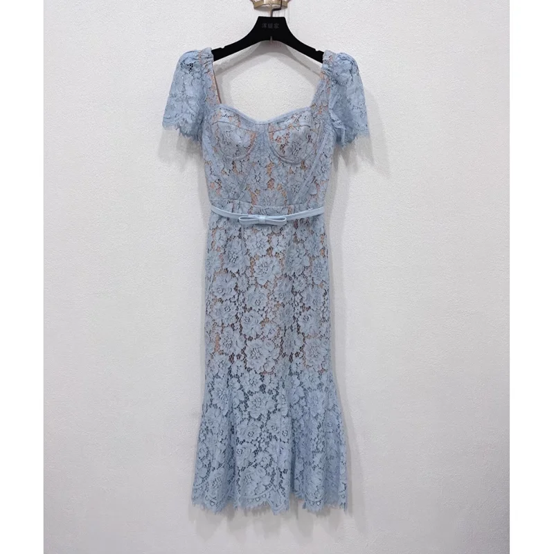 

Blue Lace Form-fitting Fishtail Dress Women 2025 Summer New Fashion Elegant Slim Party Dresses 52510055