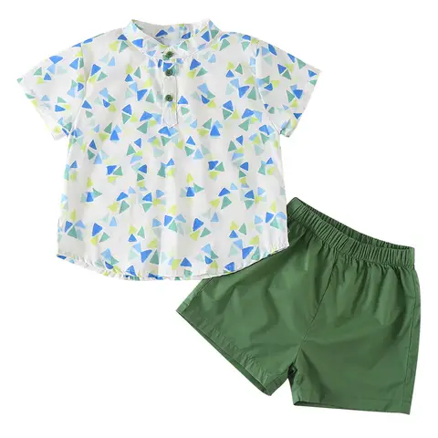 2025 휴가 스타일 형제 모양 1-8Y 소년 캐주얼 셔츠 솔리드 반바지 2Pcs 소녀 옷깃 프린트 드레스 여름 어린이 복장