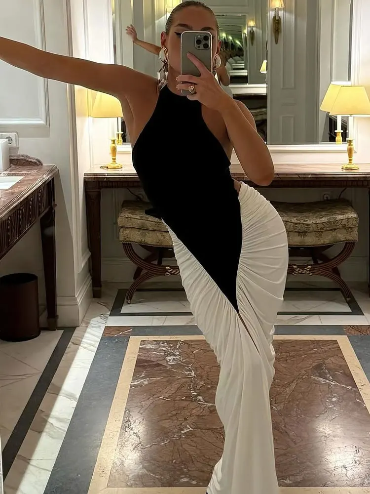 

Tossy Pleated Contrast Backless Long Dress Women Sleeveless Patchwork High Waist Halter Sexy Party Dress Female Bodycon Dress