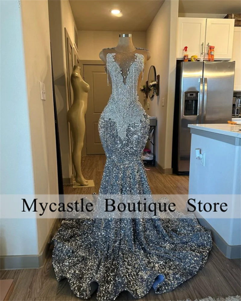 Sparkly Silver Rhinestones Sequins Mermaid Prom Dresses 2024 For Black Girls Crystal Beaded Evening Dress Luxury Robes De Bal