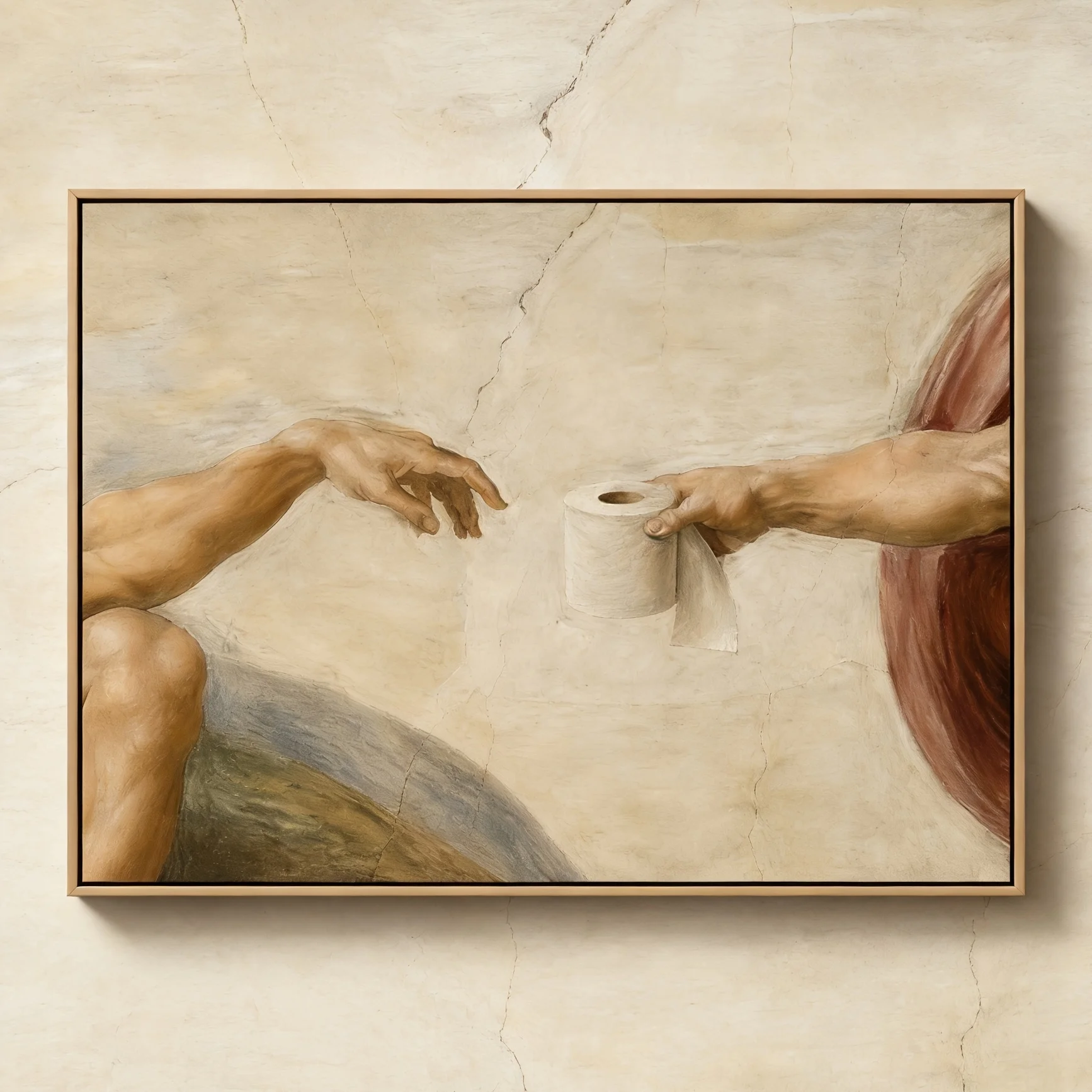 2D Flat, 1pc Funny Michelangelo Creation of Adam Parody Poster - Toilet Paper Suitable for Home, Bathroom Wall Decor, Humorou