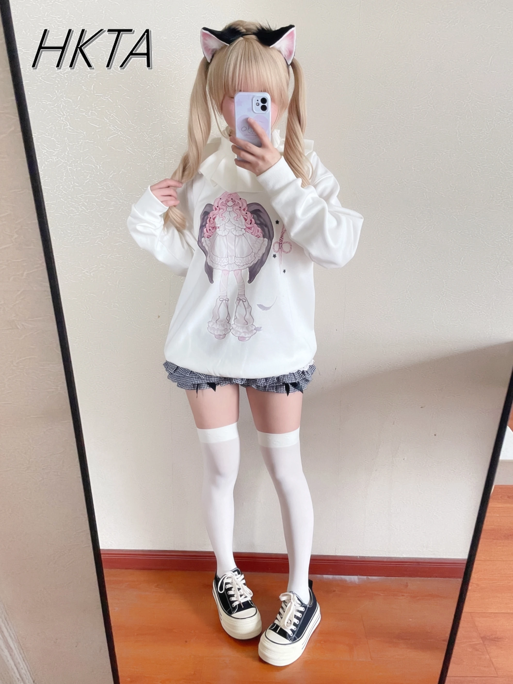 

Japanese Style Mass Produced Sweet Cute White Hoodies Coat Women Mine Cartoon Print Crew Neck Casual Loose Sweatshirt Female