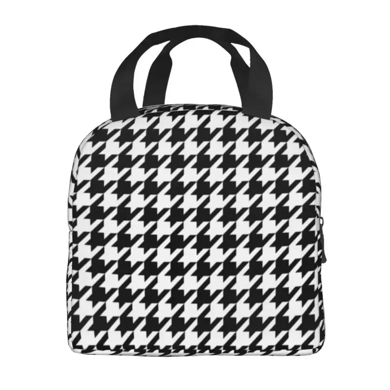 Custom Houndstooth Black And White Checkered Lunch Bag Dogstooth Geometric Cooler Warm Insulated Lunch Box for Kids School