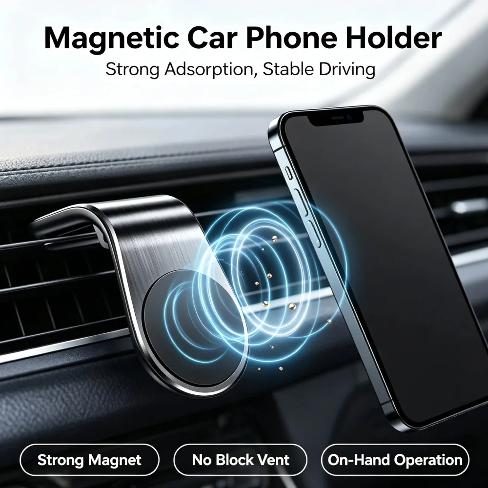 L-Shaped  Magnetic Phone Holder Car Air Vent Phone Mount Strong  Magnet Car Cell Phone Stand Universal Car Interior Holder