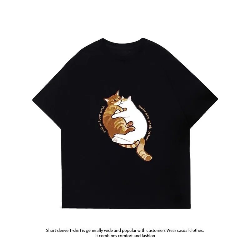 Summer Sweet Couple's T-Shirt with Cat Print, Round Neck, Short Sleeves, Loose Street Style Top, Unisex