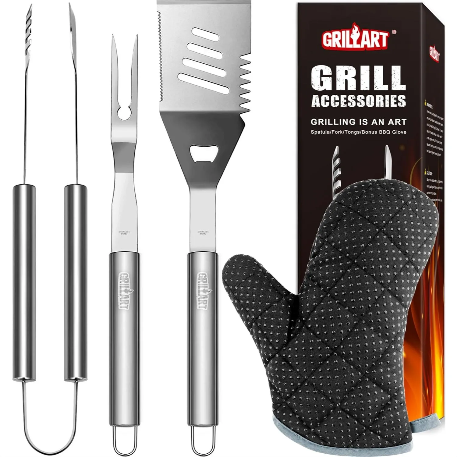 

3PCS Stainless Steel BBQ Tools Set with Spatula Tongs Fork and Glove for Outdoor Grilling