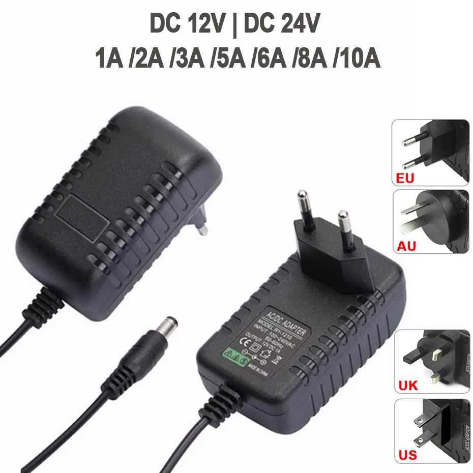 EU/AU/US/UK-Steckeradapter, Beleuchtungstransformator, AC110–240 V, DC12 V, 24 V, 1 A, 2 A, 3 A, 5 A, 6 A, 8 A, universelles Netzteil für LED-Streifen, CCTV