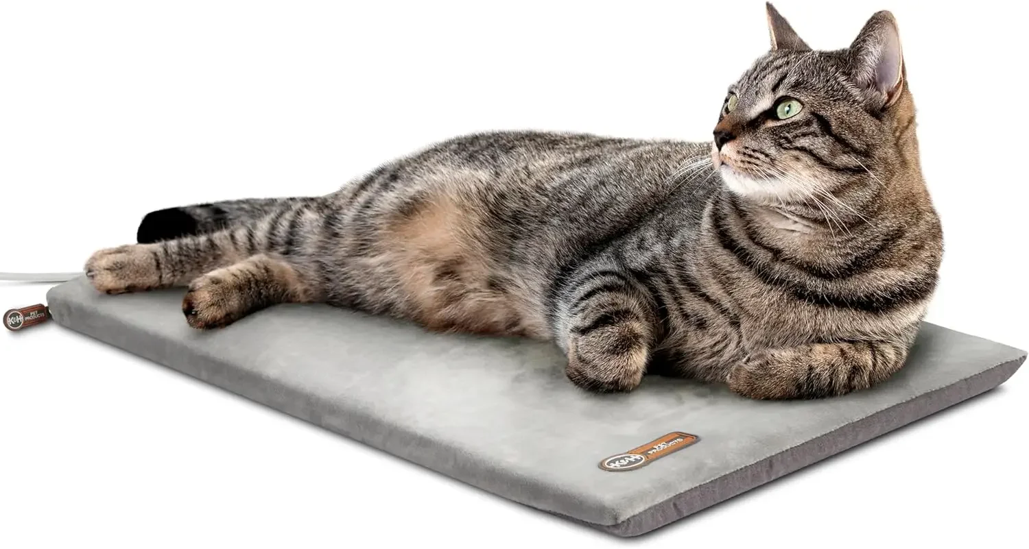 

Heated Cat Bed Pad for Indoor Cats, Thermo-Kitty Mat, 12.5x25in Gray, Machine Washable, Safety Certified