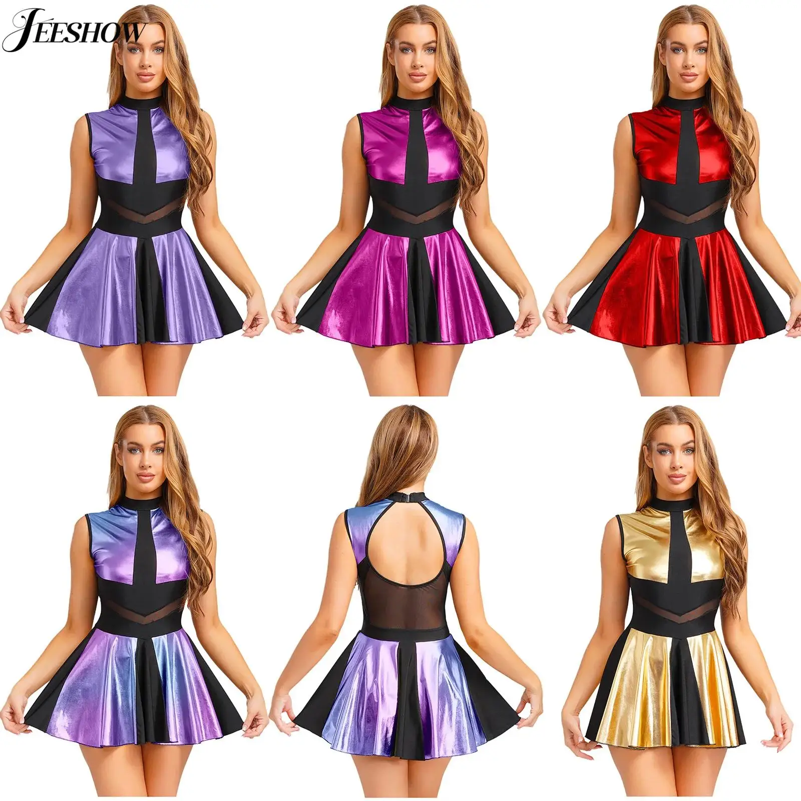 Dames glanzende metallic clubjurk Sher Mesh patchwork mouwloze uitgesneden rugloze geplooide jurk cheerleading kostuum clubwear