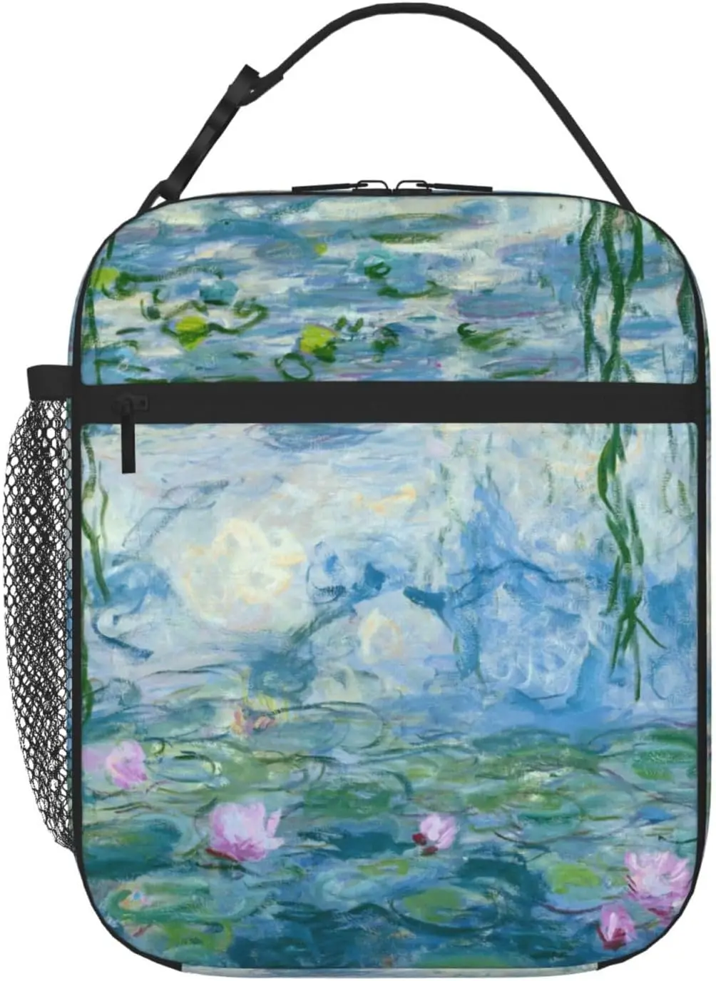 Water Lilies Floral Printed Lunch Bag With Side Pocket Lunch Box Insulated Soft Bag Thermal Meal Tote For Work Picnic