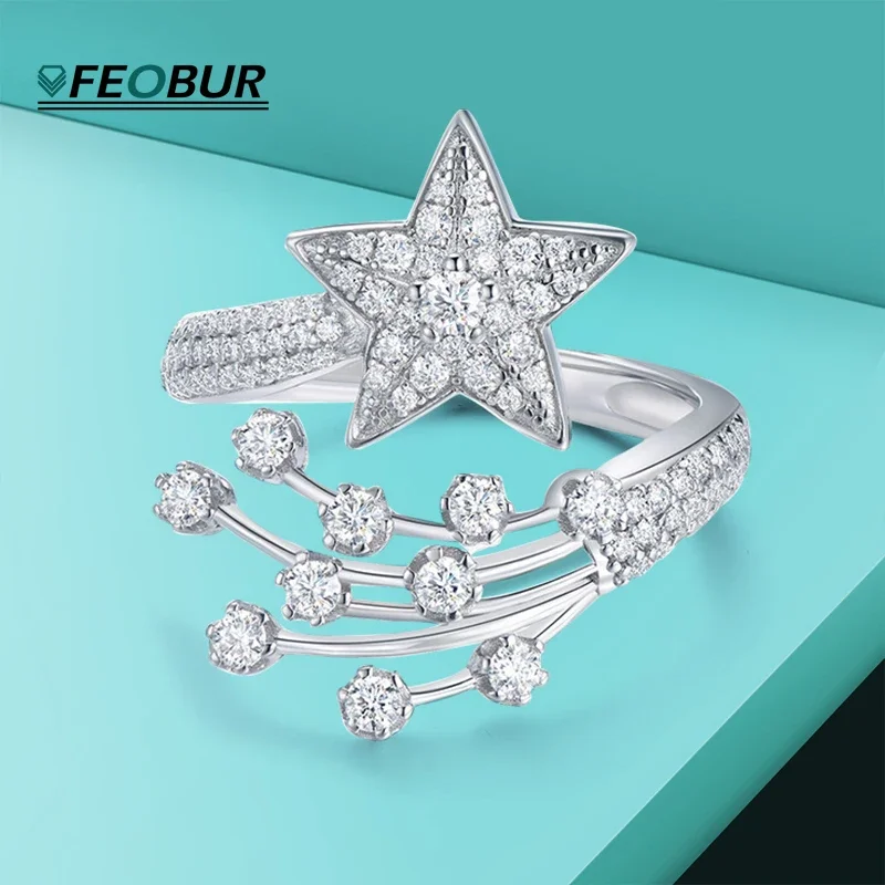 Full Moissanite Star Ring For Women S925 Sterling Silver Double-ended Open Luxury Sparkling Diamond Wedding Engagement Band Gift