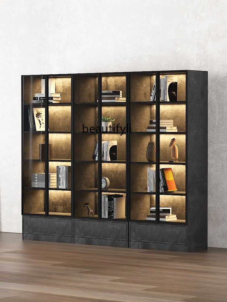 Light Luxury Floor Glass Door Bookcase Display Cabinet Bookshelf Home Locker Entire Wall Bookcase