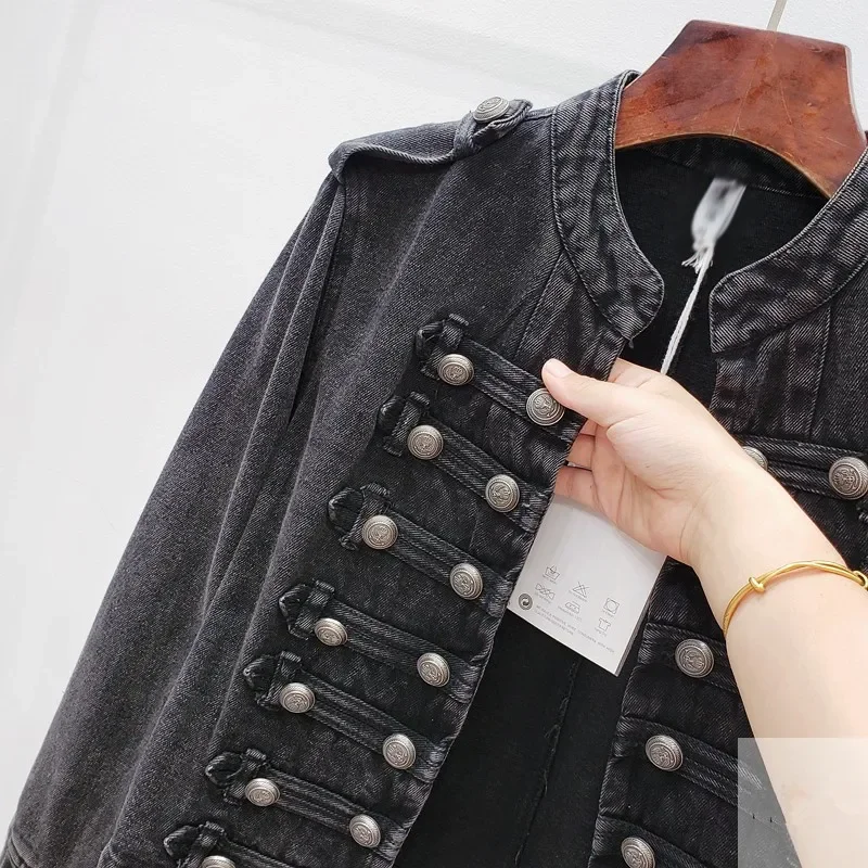 

Vintage Stand Collar Black Denim Jackets Spring Autumn Women Double Breasted Slim Short Jeans Jacket Coat Female Cowboy Outwear